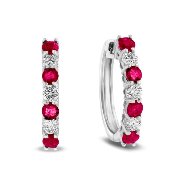 1.15 ct. Natural Diamond and Ruby Hoop Earrings in 14k White Gold