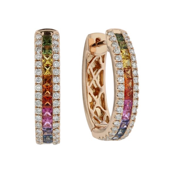 1.56 ct. Natural Diamond & Multi Sapphire Hoop Earrings in 18k Rose Gold