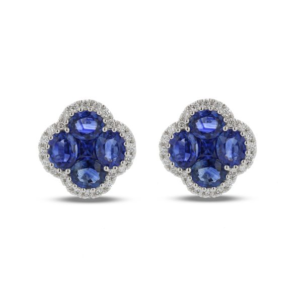 2.77 ct. Natural Diamond and Sapphire Clover Earrings in 18k White Gold