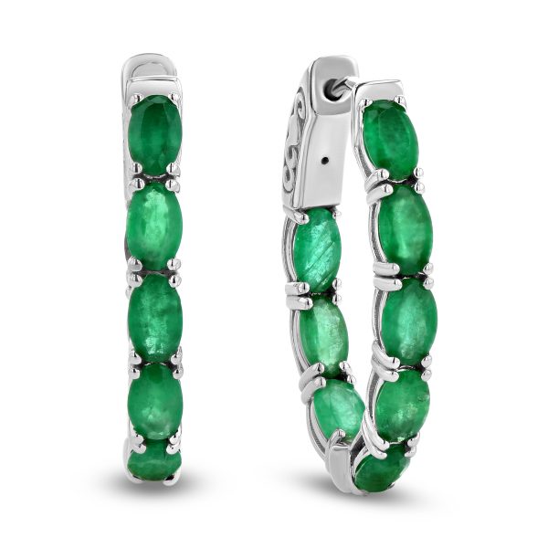 3.40 ct. Natural Oval Emerald Hoop Earrings in 14k White Gold