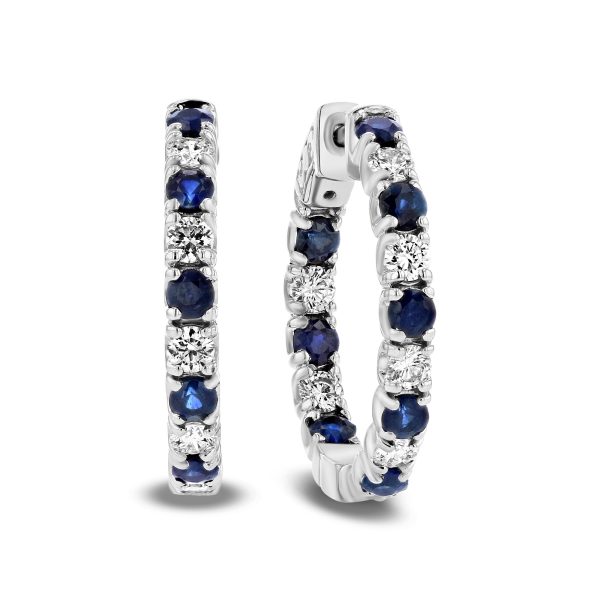 3.58 ct. Natural Diamond and Sapphire Hoop Earrings in 14k White Gold