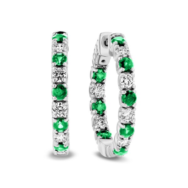 3.58 ct. Natural Diamond and Emerald Hoop Earrings in 14k White Gold