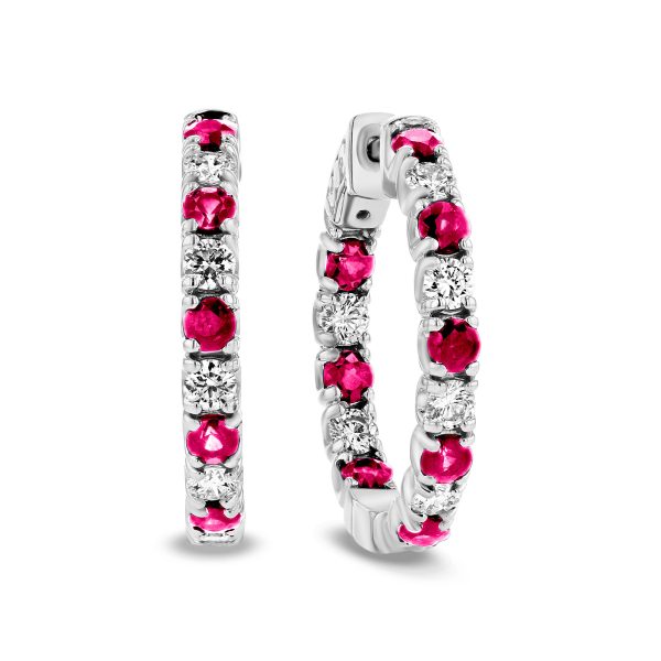 3.58 ct. Natural Diamond and Ruby Hoop Earrings in 14k White Gold