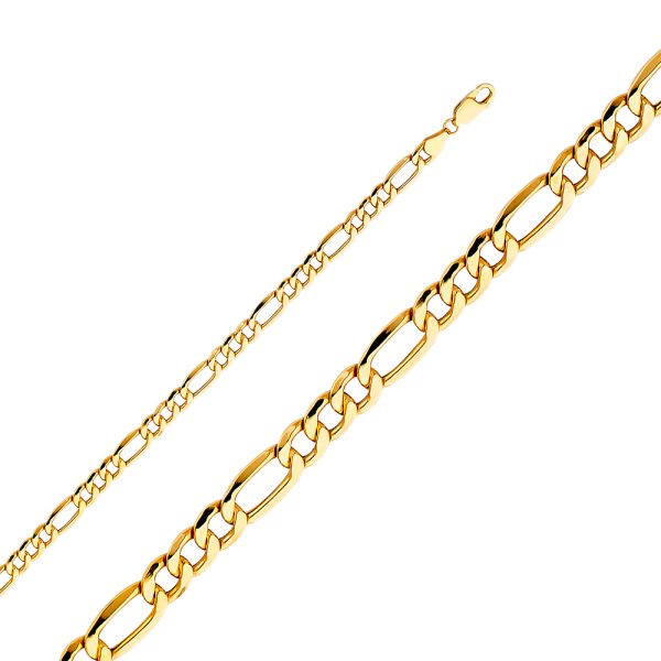 14K Yellow Gold 5.3 mm Hollow Figaro 3+1 Bracelet 7.5"