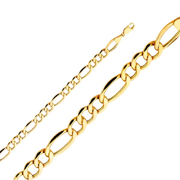 14K Yellow Gold 7.2 mm Hollow Figaro 3+1 Bevel Bracelet 8.0"