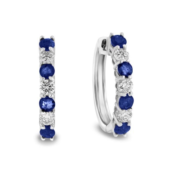 Women's 1.15 ct. Natural Blue Sapphires & Diamonds Hoop Earrings in 14k White Gold