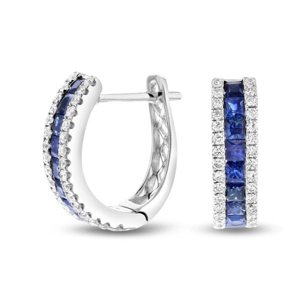 Women's 1.67 ct. Natural Blue Sapphires & Diamonds Hoop Earrings in 18k White Gold
