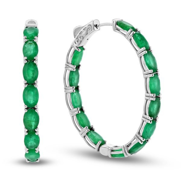 Women's 10.50 ct. Natural Oval Emeralds Hoop Earrings in 14k White Gold
