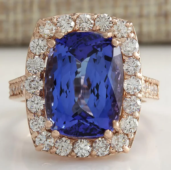 GIA 10.91 ct. Tanzanite & Round Diamonds Ring in 14K Rose Gold