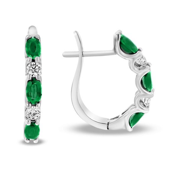 Women's 2.00 ct. Natural Diamonds & Emeralds Hoop Earrings in 14k White Gold