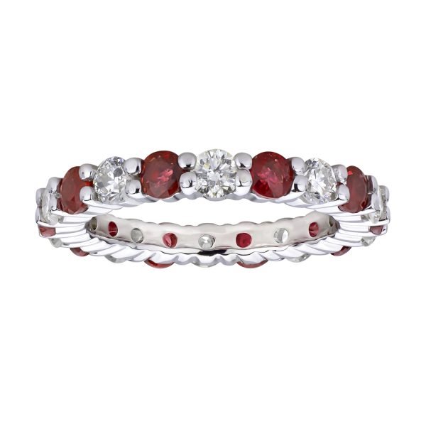 Women's 2.20 ct. Natural Diamonds & Heated Rubies Eternity Band in 14K White Gold