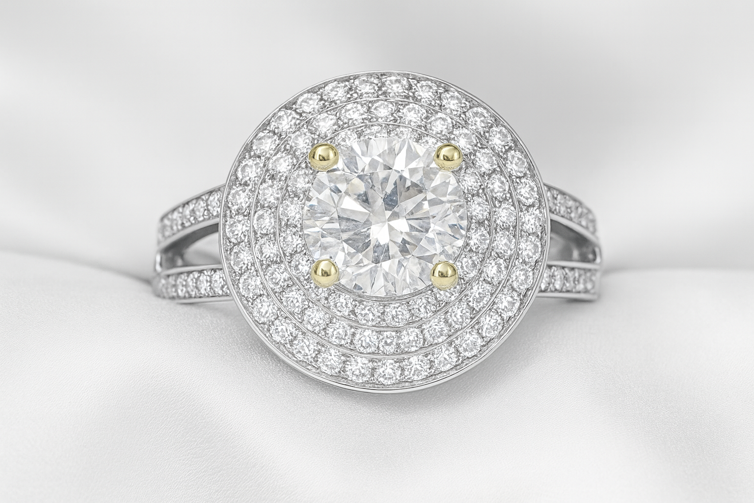 2.33 ct. Natural Round Diamonds Halo Ring in 14k White & Yellow Gold
