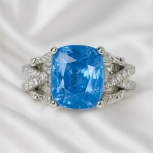 GIA 10.69 ct. No Heat Sapphire & Diamond Ring in 14k White Gold