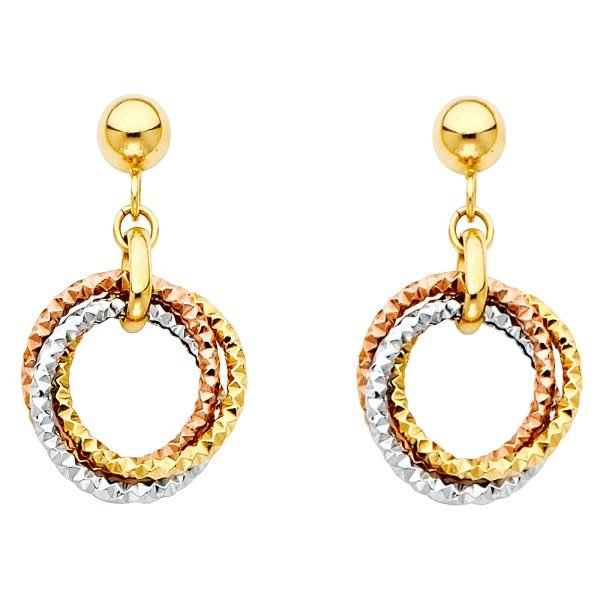 Hanging 3 Ring Earrings in 14K Yellow, White & Rose Gold