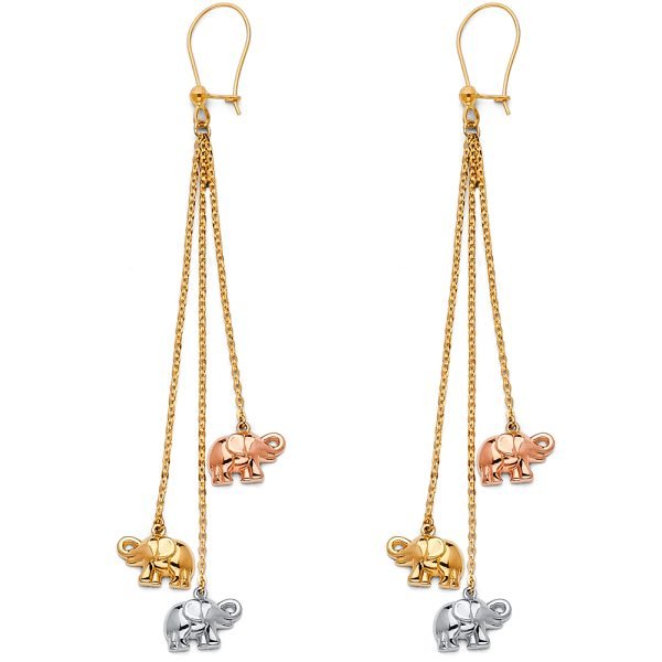 3 Hanging Elephants Earrings in 14k White, Yellow & Rose Gold