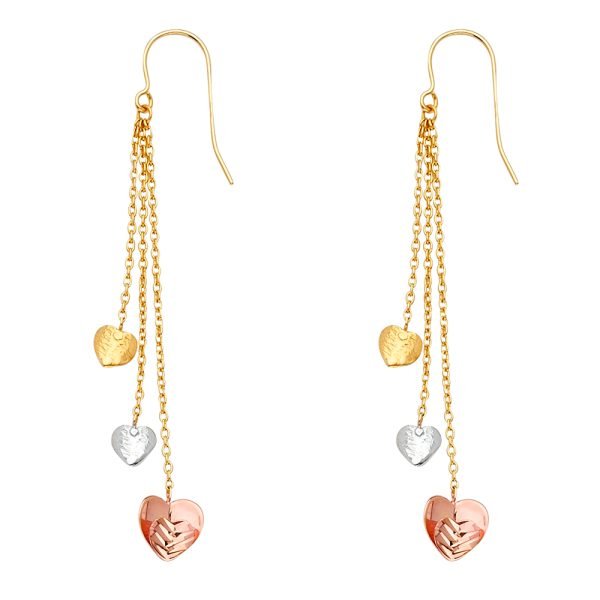 3 Hearts Hanging Earrings in 14k White, Yellow & Rose Gold