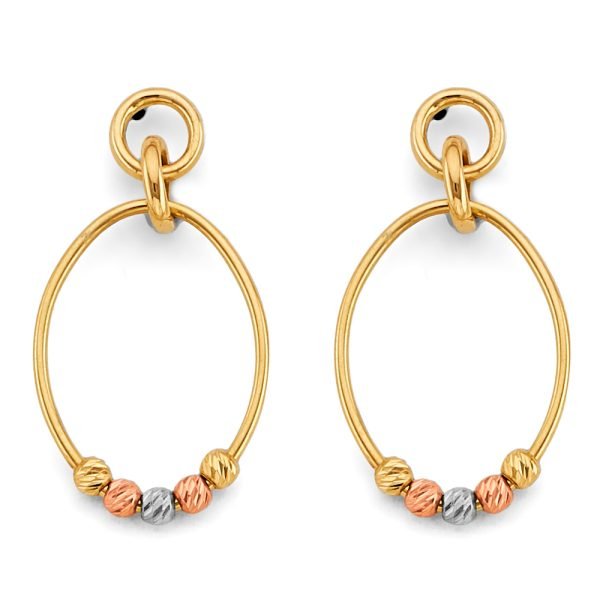 Hanging Oval Tube with Bead Earrings in 14K White, Yellow & Rose Gold
