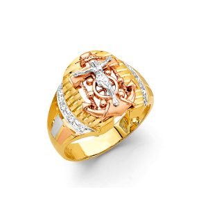 Jesus On Anchor Men's Ring in 14K Yellow, White & Rose Gold